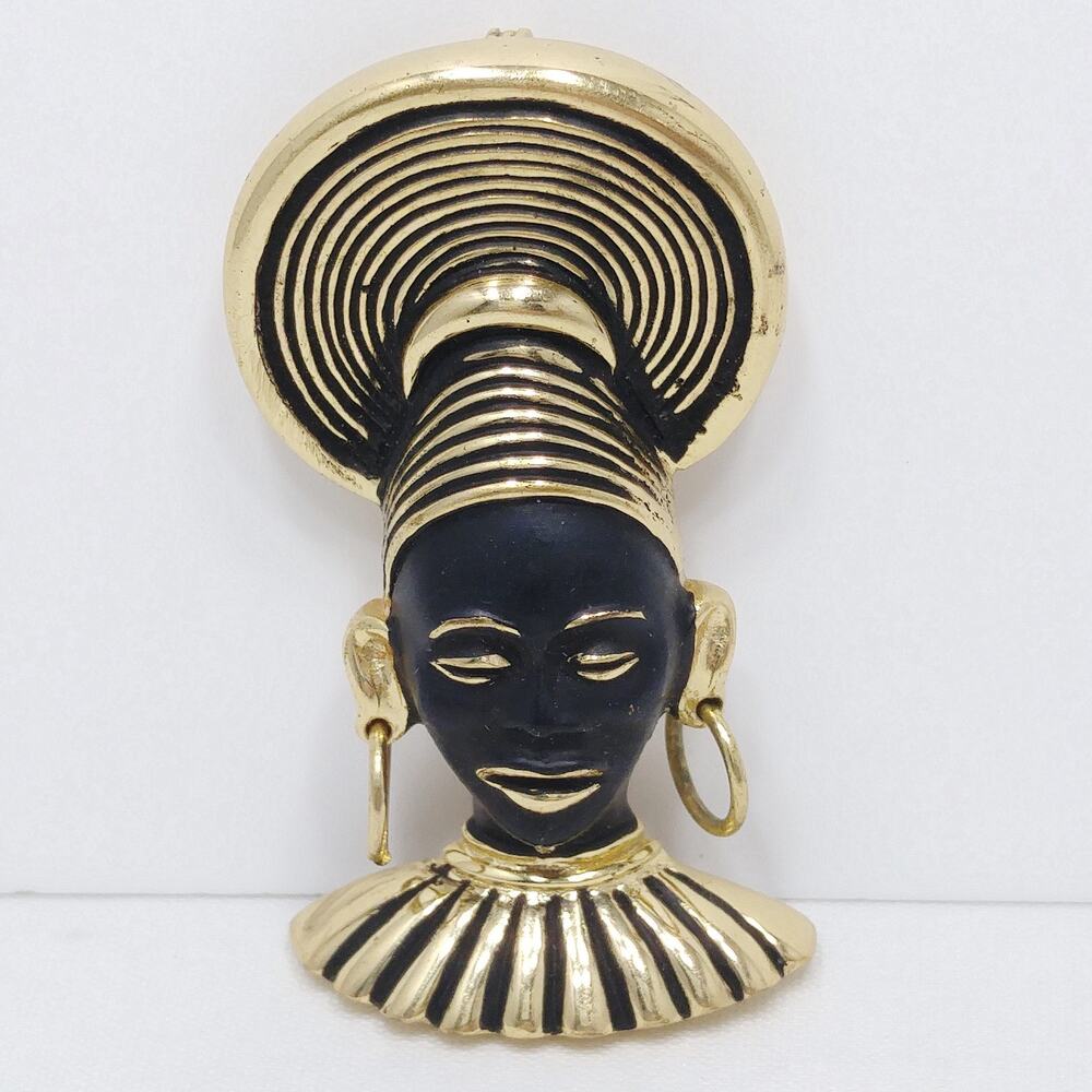 Vintage Art Deco Tribal Queen Black Enamel Gold Tone Brooch - Picture 3 of 10